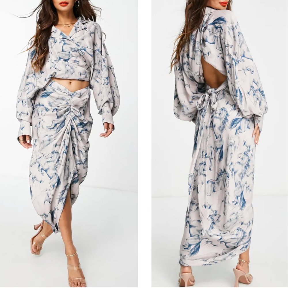 ASOS Design Horse Print Wrap Front Open Back Blouse and Midi Skirt Set NWT